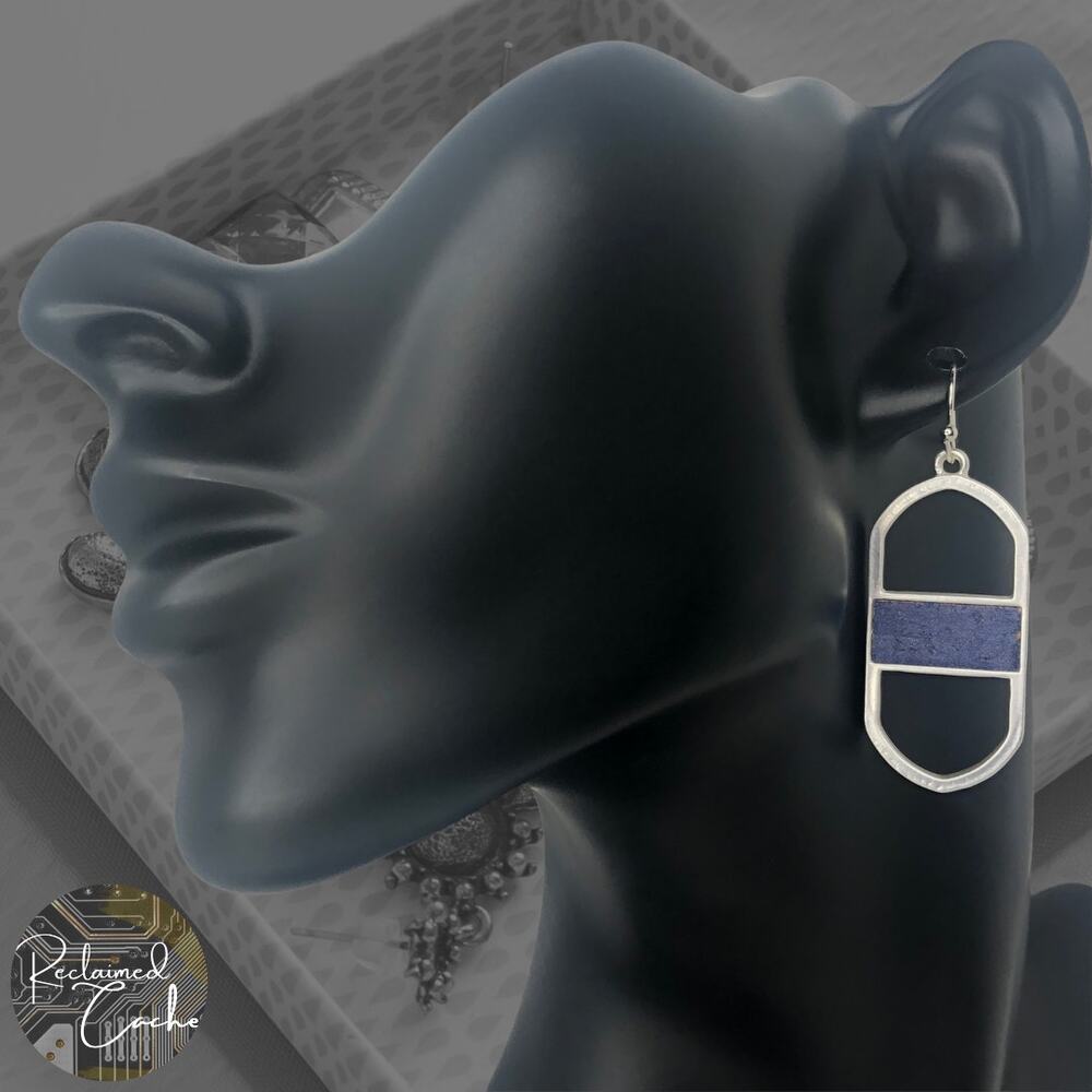 Matte Silver and Blue Oval Bar Drop Earrings